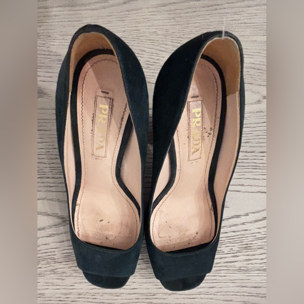Prada Hunter Green Suede Open Peep Toe Platform Hell Size 6.5 - Picture 5 of 8
